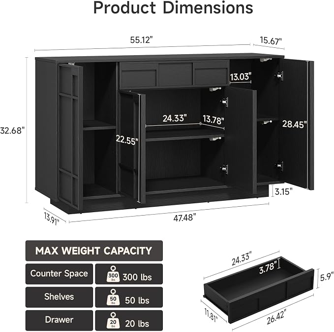 55" Buffet Cabinet with Storage Drawer, Sideboard Buffet Cabinet with Built-in - Image 2