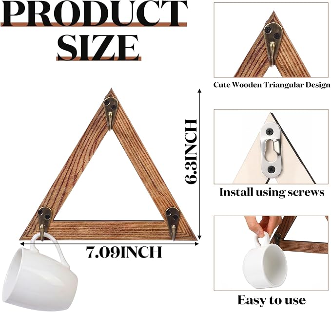 Novabright 4 Pcs Triangular Coffee Mug Wall Rack Wood Cup Holder - Image 2