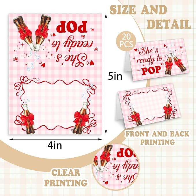 20 Pack "She's Ready to Pop" Place Cards, 4x5 Inch Pink Soda Theme Folded Table - Image 2