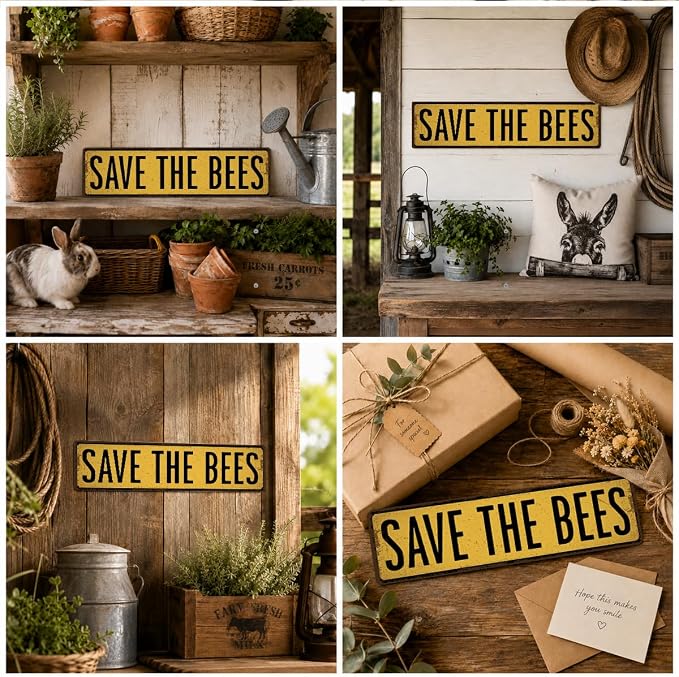 Bee Farm Decor, Save the Bees Sign, Rusty Metal Tin Signs 15.8x4 inches - Image 6