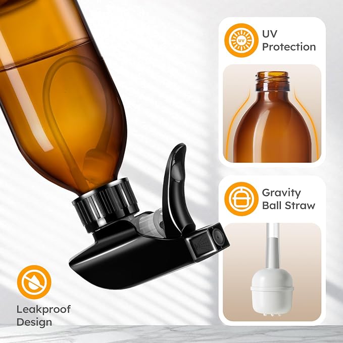 Tecohouse Amber Glass Spray Bottles 8oz, 2 Pack 360° Water Spray Bottle - Image 3