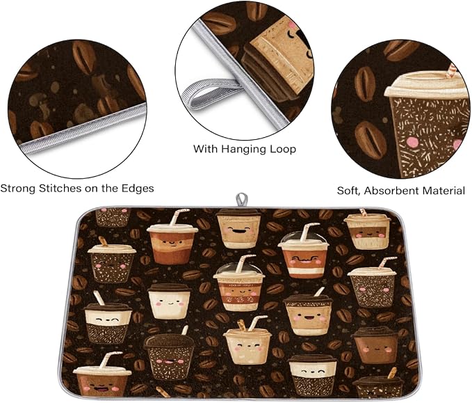 Dish Drying Mats for Kitchen Counter Coffee Beans Cups On Brown Drainer Rack - Image 3