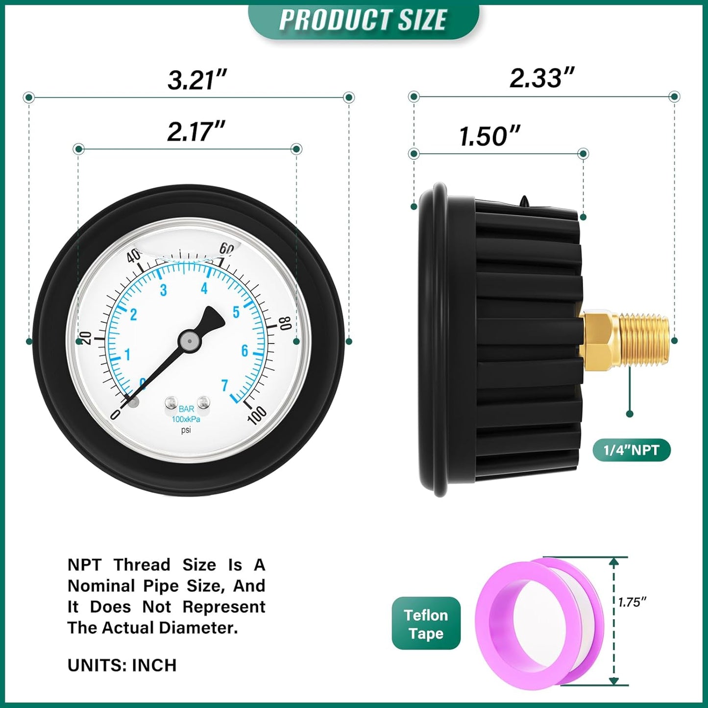 0-100PSI Stainless Steel Liquid Filled Pressure Gauge, 2.5" Dial Size, 1/4" NPT Back Mount, with Rubber Protective Sleeve, for Tube, Water Pump, Gas, Liquid, Pressure Test