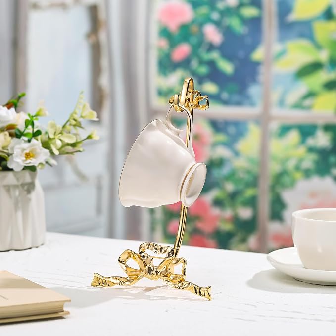 Reallnaive Brass Tea Cup and Saucer Display Stand Vintage Bow Teacup Holders - Image 3