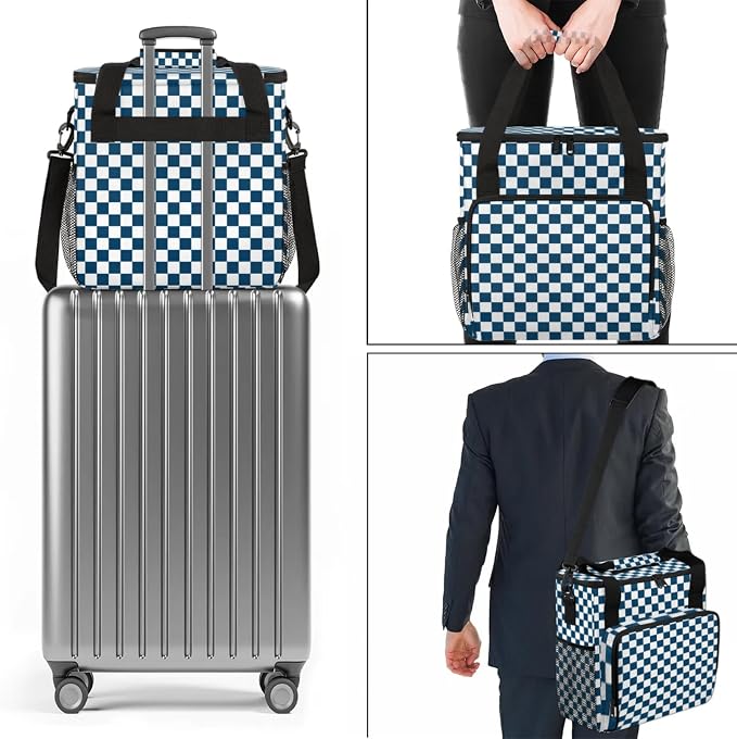 Checkerboard navy blue Coffee Maker Carrying Bag, Waterproof Insulated - Image 7