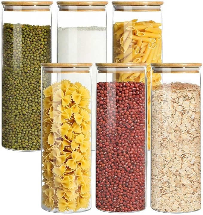 Glass Storage Containers with Airtight Bamboo Lids, Round Glass Jars Pantry by EQEYBRAND