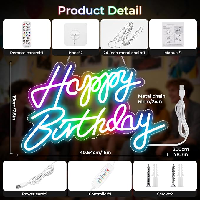 Happy Birthday Sign for Wall Decor, RGB Led Happy Birthday Neon Sign For Party - Image 6