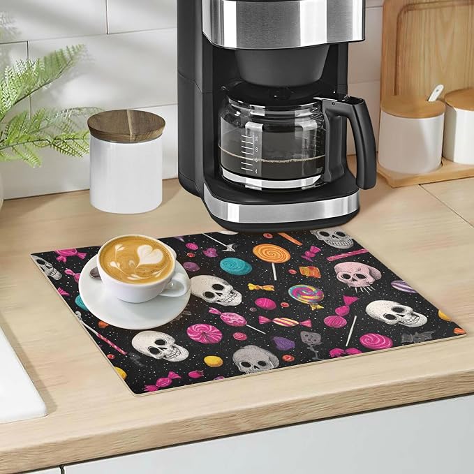 Halloween Skulls Lollipops Bats Coffee Mat Coffee Bar Maker Backed Absorbent - Image 5