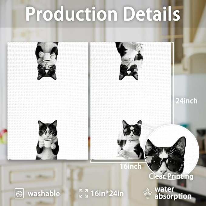 Tuxedo Cat Gifts Coffee Wine Kitchen Towels Set of 2, Coffee Kitty Dish Tea - Image 7