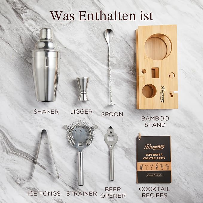 KITESSENSU Cocktail Shaker Set Bartender Kit, 6-Piece Silver Bar Set - Image 3