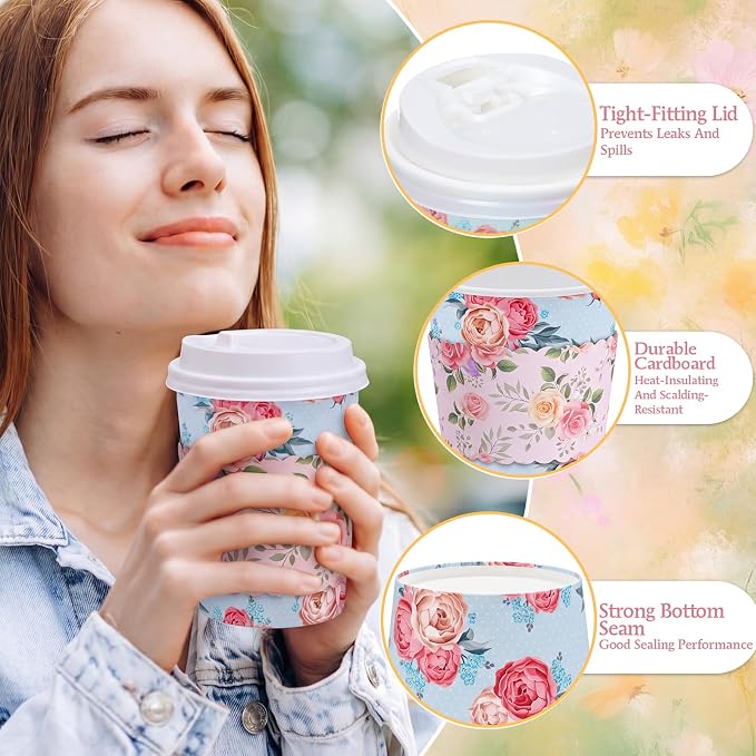 Mimorou 48 Sets Floral Coffee Cups 8oz Tea Party Cups Disposable Fancy Coffee - Image 3
