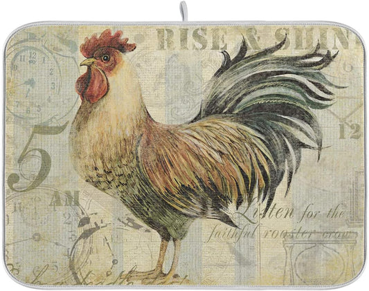 Farmhouse Rooster Dish Drying Mat 18 x 24 Inch with Hanging Loop High Absorbent Reversible Microfiber Dish Drying Pad Dish Rack Pad Drainer Mat for Kitchen Counter Coffee Bar