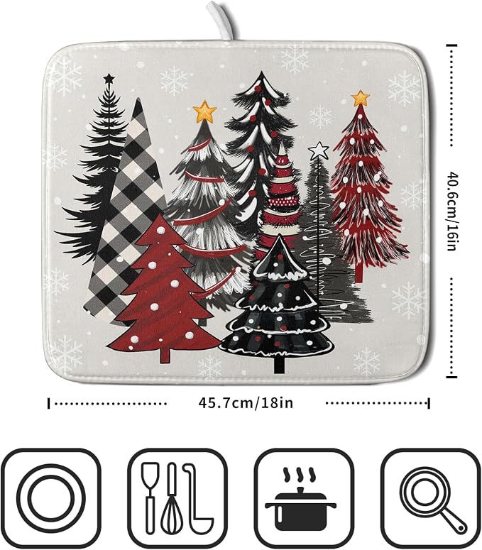 Christmas Trees Dish Drying Mat 16x18 In, Xmas Red Black Buffalo Plaid Pine - Image 2