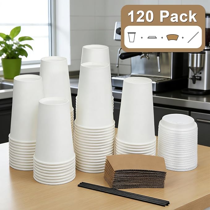 RAZCC 120 Pack 16 oz Paper Coffee Cups Set, Disposable White Coffee Cups - Image 6