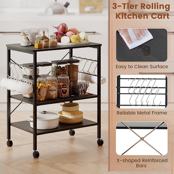 Giantex Kitchen Bakers Rack 3-Tier Microwave Cart on Wheels, Industrial Utility - Image 7