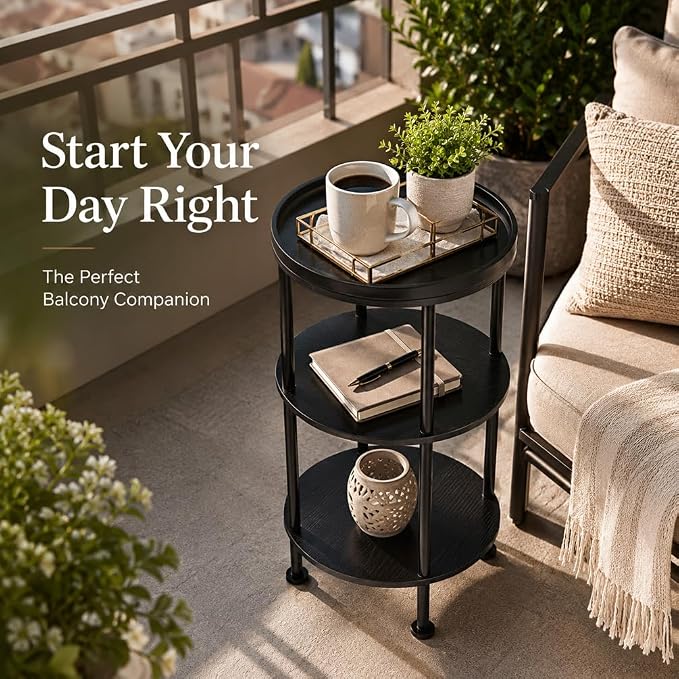 Small Round Side Table with Tray Top, 3-Tier Black End Table - Image 6