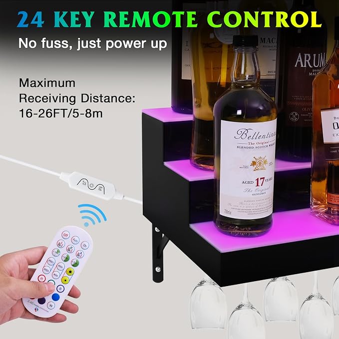 LED Lighted Liquor Bottle Display Shelf Wall Mount Wine Rack, 3 Tiers 24 Inch - Image 4