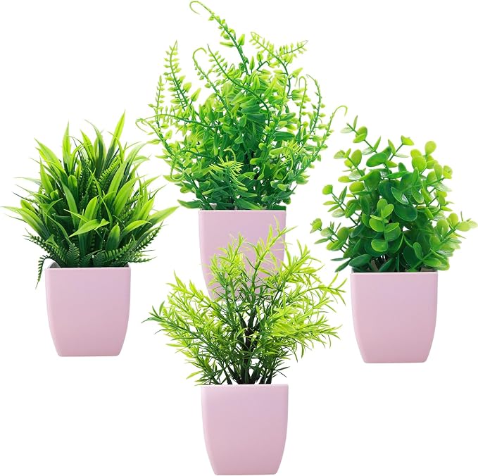 GREENTIME 4 Pack Fake Plants in Pink Pot Mini Artificial Eucalyptus Potted by Greentime