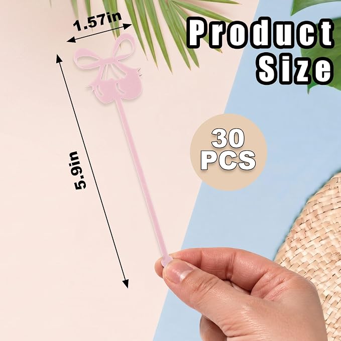 30 PCS 6 Inch Matte Pink Bow Cherry Drink Stirrers, Acrylic Swizzle Sticks - Image 2