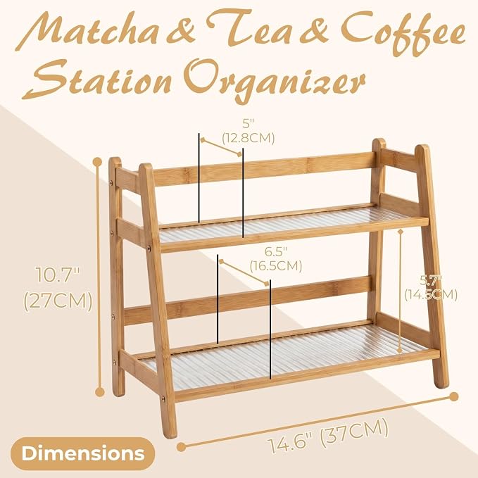Atarvana 2-Tier Matcha Station Organizer, Bamboo Matcha Stand Shelf - Image 2
