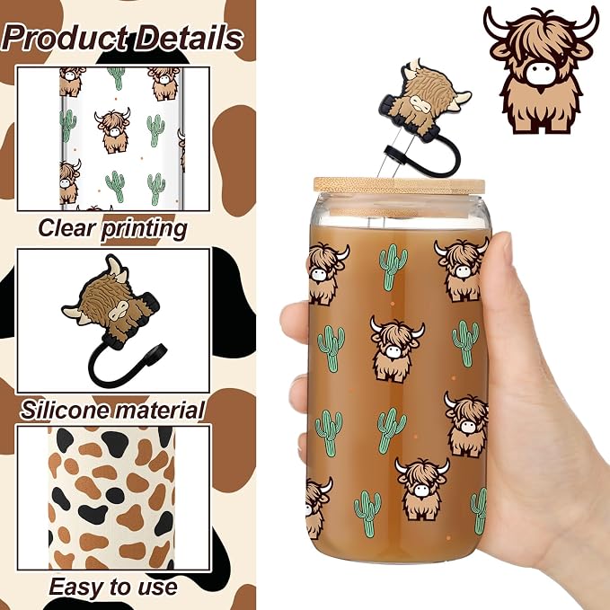 Reallnaive Highland Cow Gifts for Women Cute Glass Cups tumbler 16 oz Aesthetic - Image 3