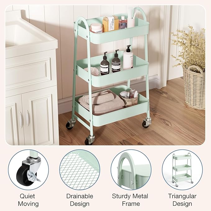 OLIXIS Metal 3 Tiers Utility Rolling Cart - Image 2