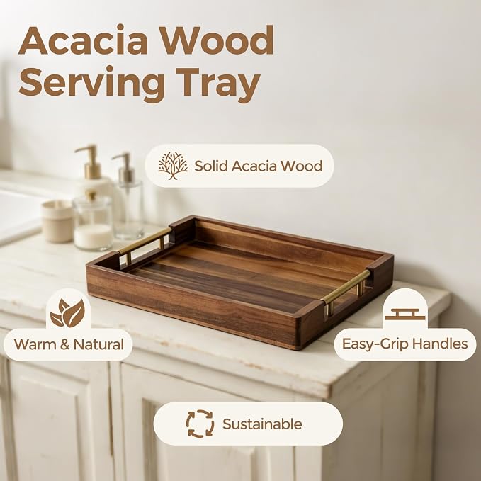 Acacia Wood Serving Tray with Golden Handles, 17x12 in Large Wooden Tray - Image 4