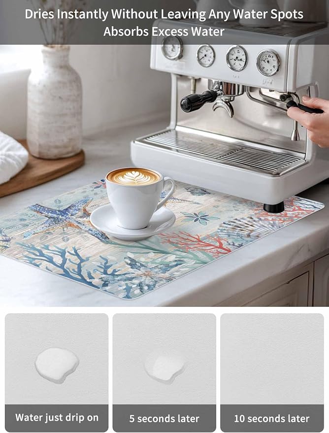 Blue Starfish Coffee Mat Small For Countertop Coffee Bar Accessories, Absorbent - Image 8