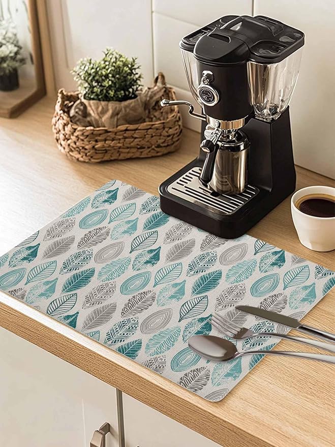 Leaves Specimens Coffee Mat Teal Green Grey Burlap Background Absorbent Bar Mat by Unknown