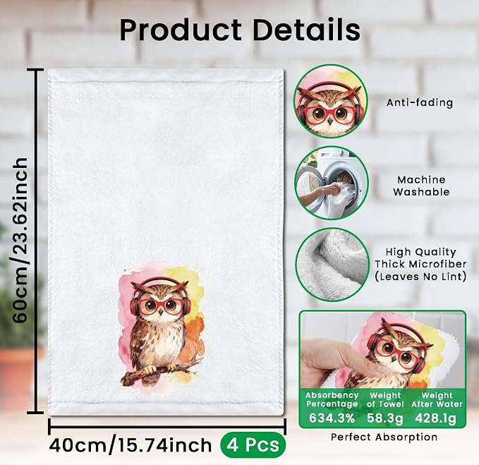 CUTHOLLOW Owls Decorative Kitchen Towels Set of 4, 15.74"x23.62" Soft & - Image 2