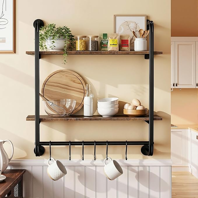 2 Tier Industrial Pipe Floating Shelf, Coffee Bar Shelves Display Bookshelf by Kssiaz