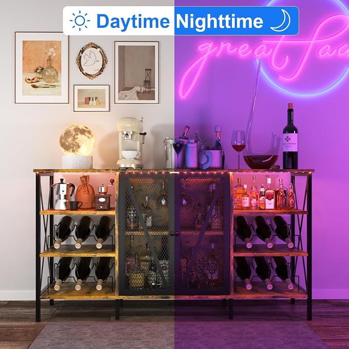 55" Wine Bar Cabinet with LED Light, Wine Rack & Glass Holder, Mesh Doors & - Image 3