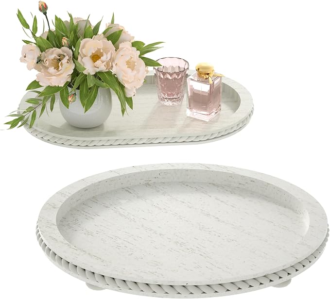 Urban Deco Wooden Tiered Tray, Oval and Round Tray Set of 2, Farmhouse Vintage by UrbanDeco