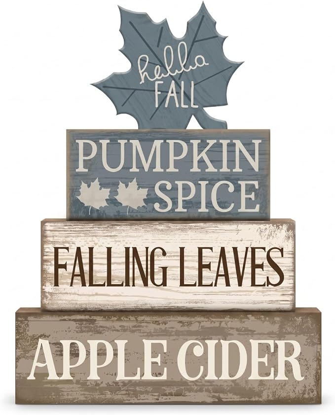 Moucuny 4 Pcs Fall Table Decoration Rustic Blue Maple Leaf Stacked Wooden Block by Moucuny