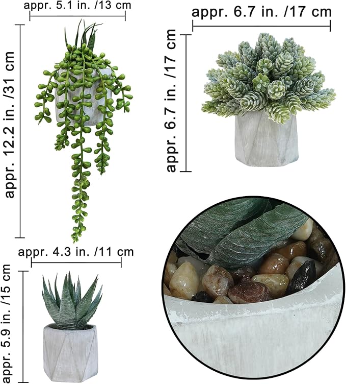 Winlyn Set of 3 Mini Artificial Succulent Plants Potted Small Fake Aloe Hops - Image 2