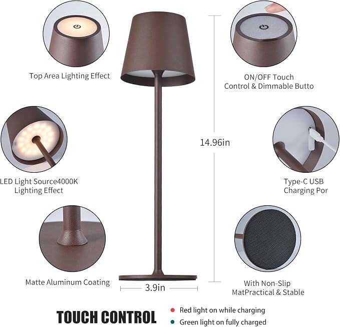 BGFHome Cordless Table Lamp LED Desk lamp, 5000mAh Rechargeable Touch Night - Image 2
