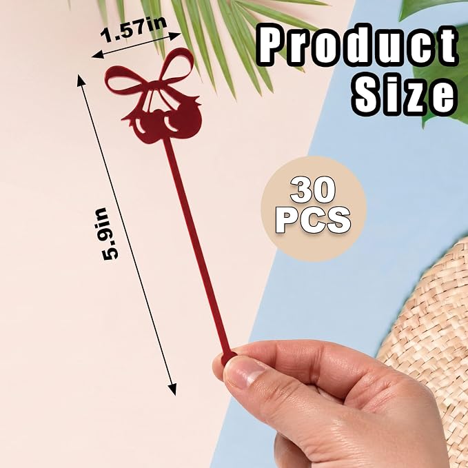 30 PCS 6 Inch Glossy Red Bow Cherry Drink Stirrers, Acrylic Swizzle Sticks - Image 2