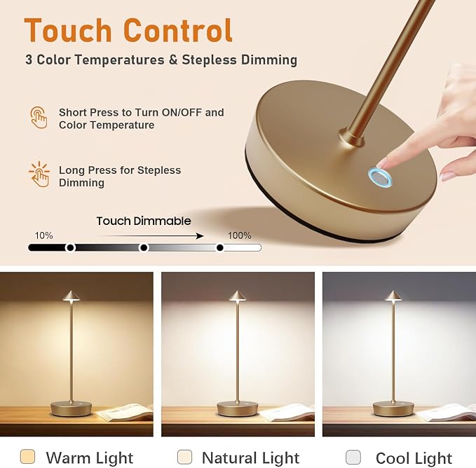 Set of 2 Rechargeable Cordless Table Lamp, 6000mAh LED Battery Operated Desk - Image 4