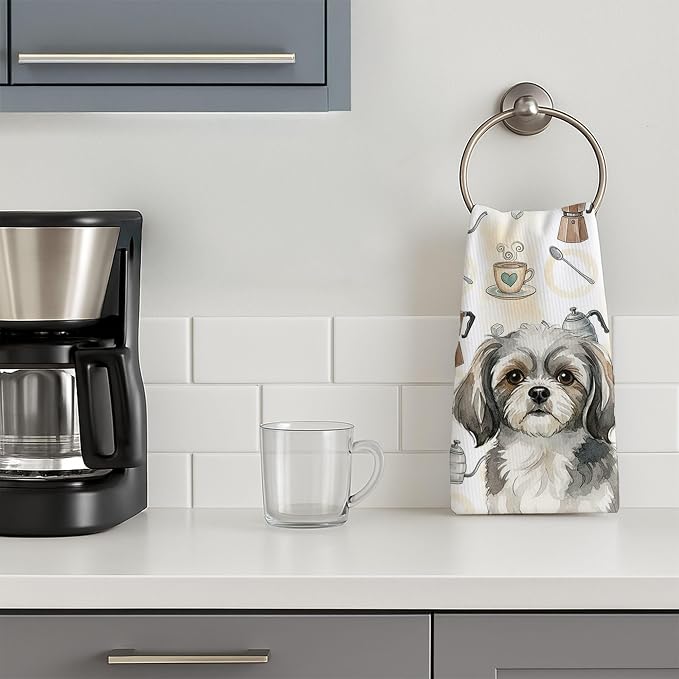 Caroline's Treasures Grey and White Tibetan Spaniel Coffee Bar Kitchen Towel - Image 3