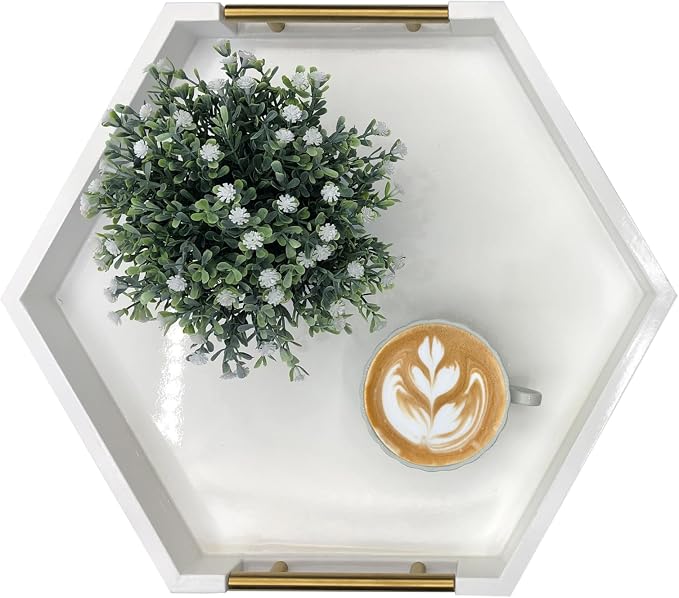 Serving Tray with Polished Metal Handles, Hexagon Coffee Table Tray, Modern - Image 2