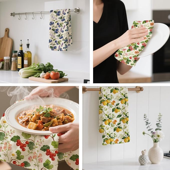 CUTHOLLOW Berries and Flowers Decorative Kitchen Towels Set of 4, 25.98"x17.72" - Image 4