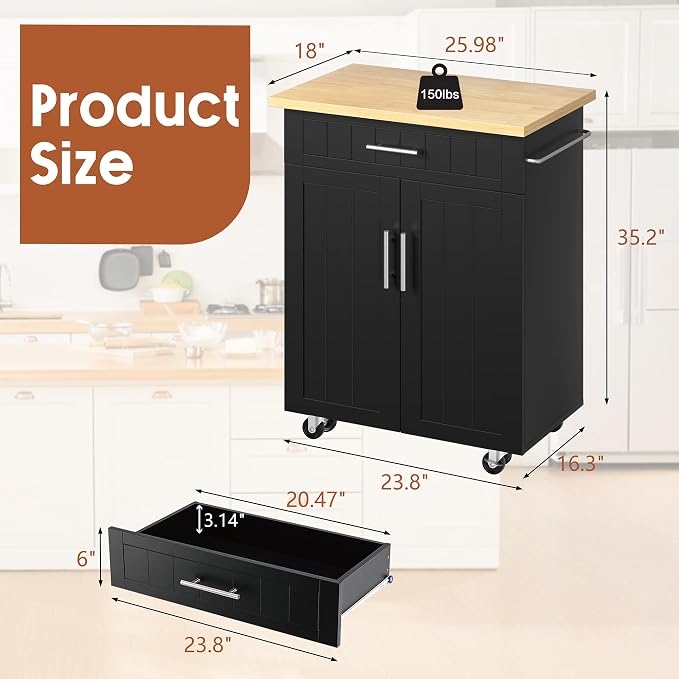 JY QAQA 26" Kitchen Island Cart on Wheels, Mobile Kitchen Storage Cabinet - Image 2