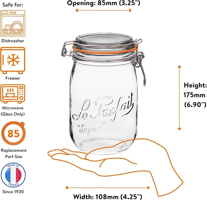 Le Parfait Super Jar 1L French Glass Preserving Jar w/Airtight Rubber Seal & - Image 5