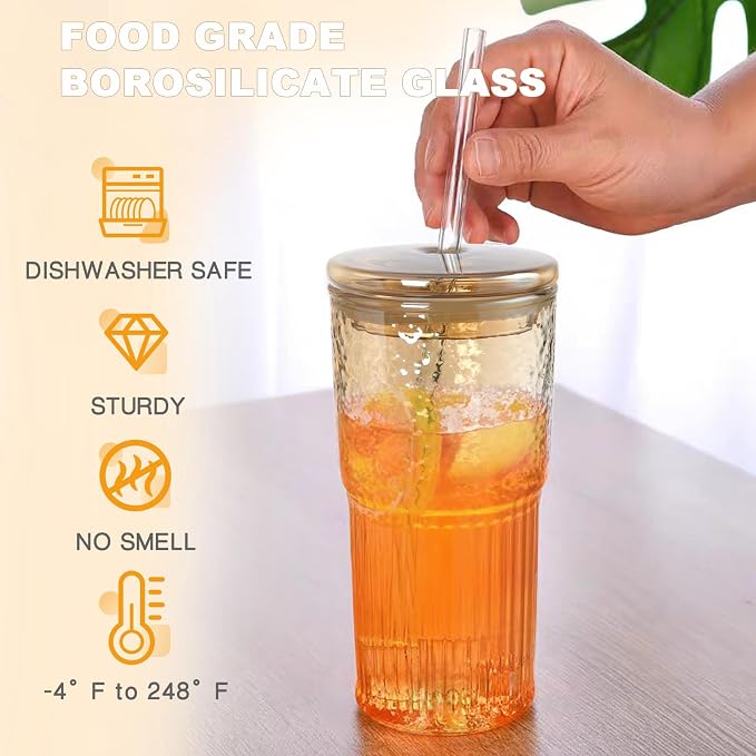 JunVpic Glass Cups with Lids and Straws, Amber 20 OZ Iced Water Glasses Tumblers - Image 2