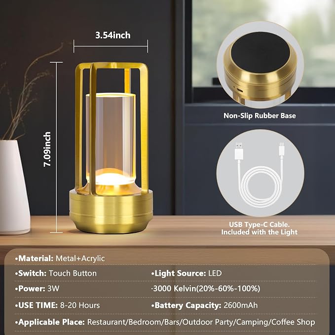 Small Gold Portable Metal Table Lamp, Rechargeable Outdoor Table Lamp Cordless - Image 4