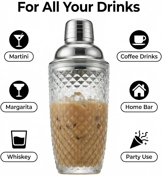 Diamond Cut Glass Cocktail Shaker 15oz | Leakproof, Stainless Lid, Upgrated - Image 9