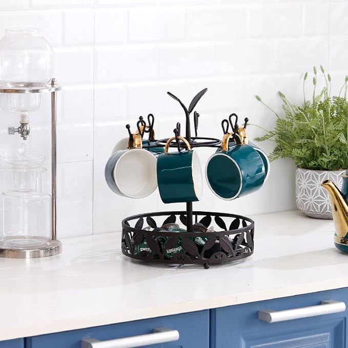 Coffee Mug Holder with Coffee Pod Basket Storage, Rotatable 6-capacity Cup Mug - Image 4