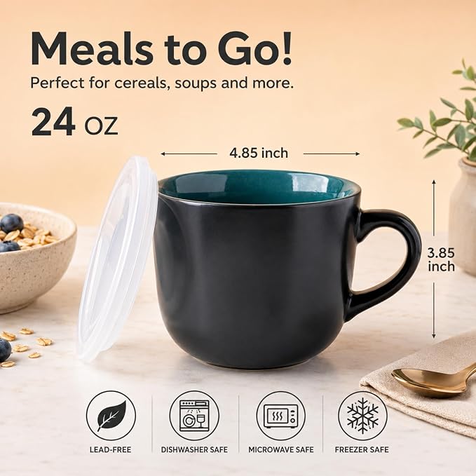 GBHOME Ceramic Soup Mugs with Lid, 24 oz Soup Cups with Hanlde - Image 2