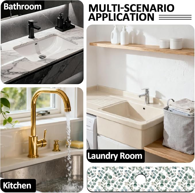 2 Pcs Kitchen Sink Splash Guard Faucet Mat Green Leaves Pattern Faucet Mat - Image 7