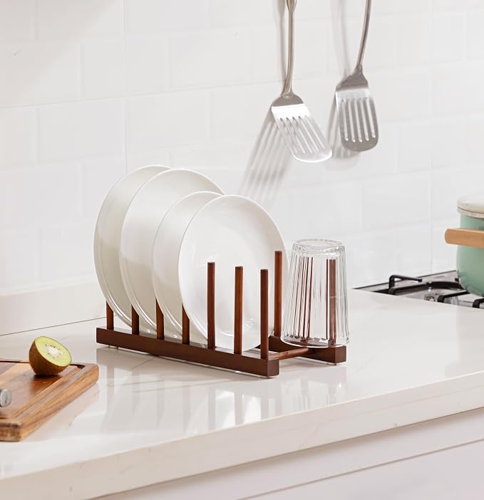 HBlife 4pcs 6 Slots Teak Dish Plate Bowl Cup Book Pot Lid Cutting Board Drying - Image 5